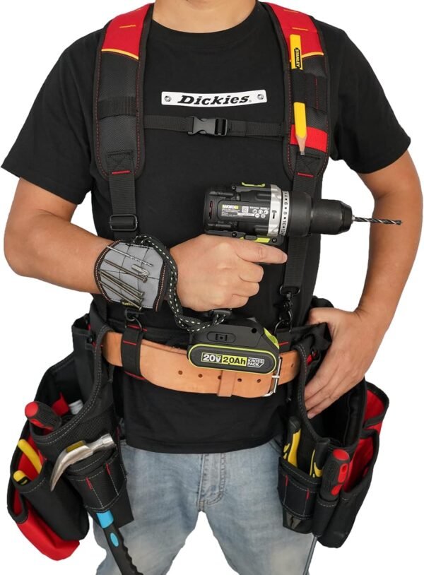 KUNN Tool Belt Suspender with Magnetic Wristband for Framer Carpenter Electrician Tool Belt(Red) - Imagen 3