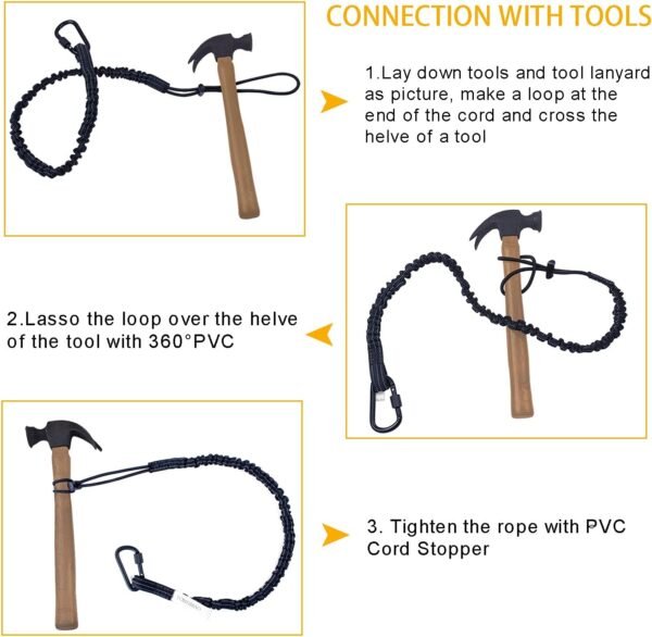 3 Pack Retractable Tool Lanyard, Safety Fall Protection Tools Leash with Aluminum Screw Lock Carabiner Clip and Adjustable Loop End, Tough Scaffold Tether for Construction Roofing (Black+Orange+Green) - Imagen 5