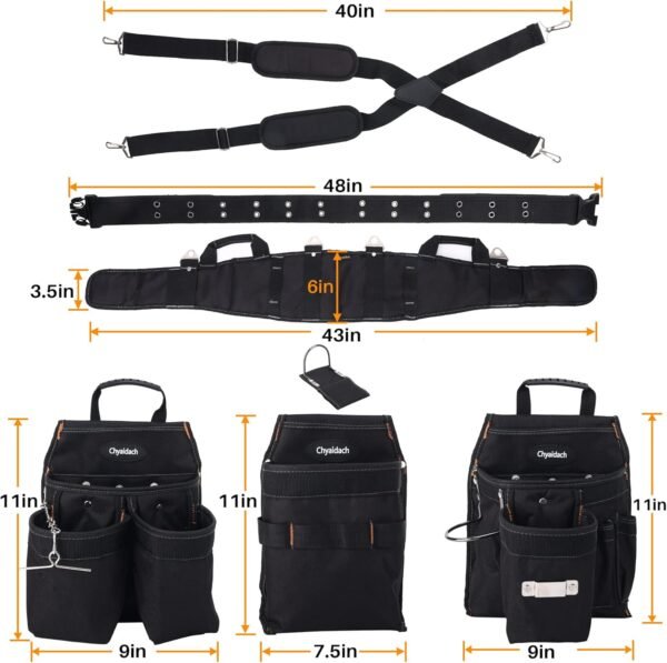 16-Pockets Tool Belts for man with Suspenders, Detachable & Adjustable Tool Pouches Bag & Back Support Tool belt Combo For Electrician/Carpenter/Construction/Framers/Handyman - Imagen 4