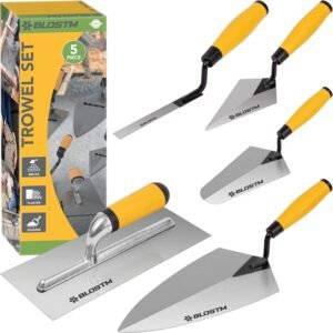 BLOSTM Juego de 5 Paleta Albañil – Pastera Albañil, Paleta de Señalar, Paleta de Medición, Paleta de Ladrillo, Paleta de Yeso - Acero al Carbono Duradero - Asas de Agarre Suave (5 Piezas)