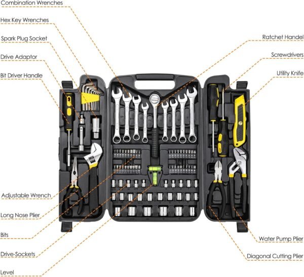 TLGREEN 95 Piece Tool Set, Tool Kit, Mechanics Tool Set, Portable Toolbox with Adjustable Wrench Pliers Socket Bits, with Plastic Toolbox Storage Case, for House Apartment Garage (Yellow) - Imagen 2