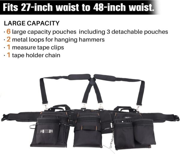 16-Pockets Tool Belts for man with Suspenders, Detachable & Adjustable Tool Pouches Bag & Back Support Tool belt Combo For Electrician/Carpenter/Construction/Framers/Handyman - Imagen 5