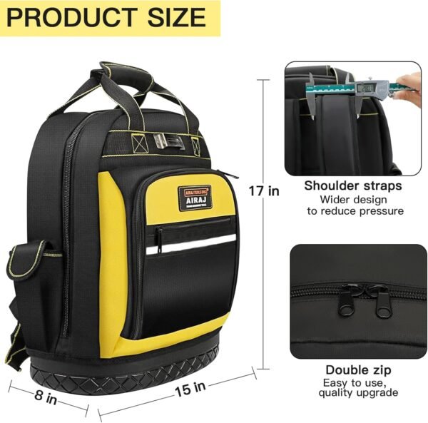 Tool Backpack,Heavy Duty Tool Backpack Bag with Waterproof Molded Base,Durable Multi-Use Pocket Electrician & Industrial & Construction Work Backpack,Black/Yellow - Imagen 6