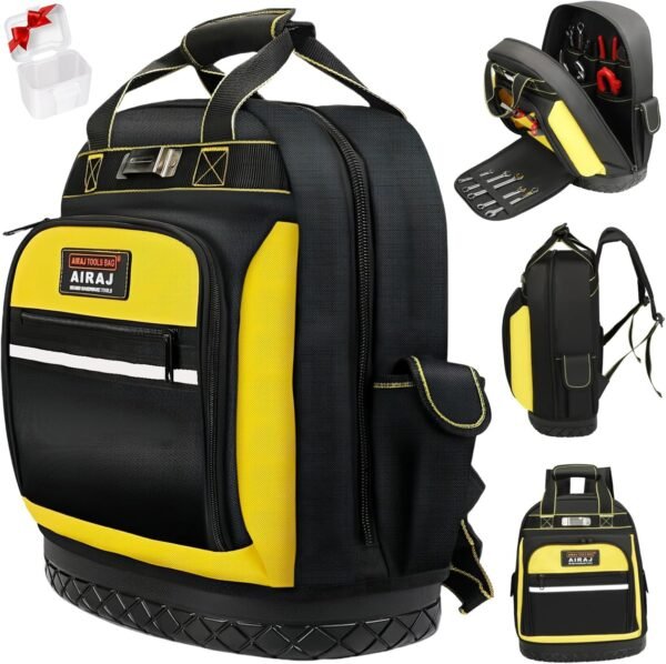 Tool Backpack,Heavy Duty Tool Backpack Bag with Waterproof Molded Base,Durable Multi-Use Pocket Electrician & Industrial & Construction Work Backpack,Black/Yellow