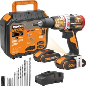 Taladro Worx WX354.1 de 20V, motor sin escobillas, PowerShare, mecanismo de impacto activo, ajustes de par 18+1+1, brocas de albañilería de 8mm