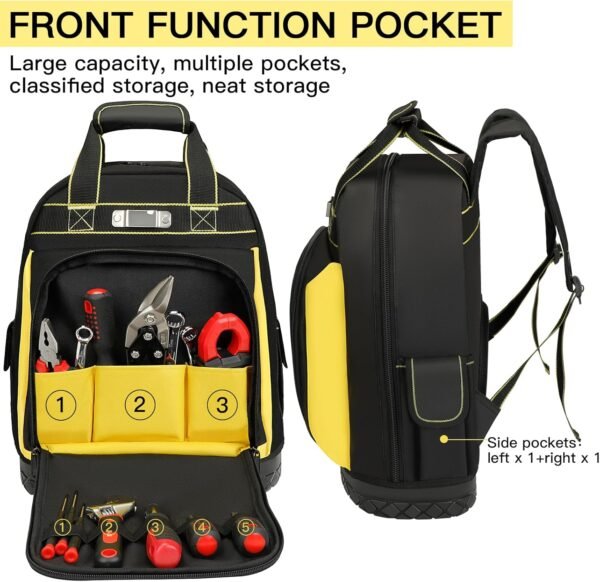 Tool Backpack,Heavy Duty Tool Backpack Bag with Waterproof Molded Base,Durable Multi-Use Pocket Electrician & Industrial & Construction Work Backpack,Black/Yellow - Imagen 3