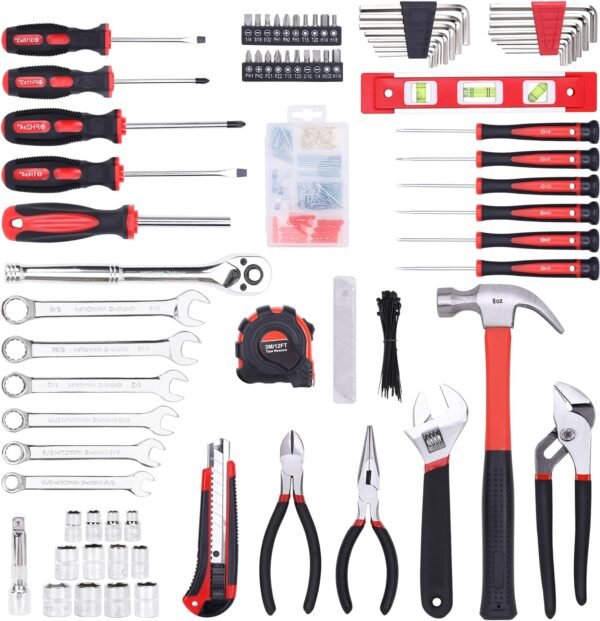 FASTPRO 236-Piece Home Repairing Tool Set, Mechanics Hand Tool Kit with 12-Inch Wide Mouth Open Storage Bag, Household Tool Set for DIY, Home Maintenance, Red - Imagen 2