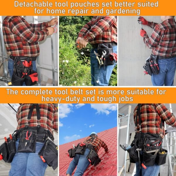 16-Pockets Tool Belts for man with Suspenders, Detachable & Adjustable Tool Pouches Bag & Back Support Tool belt Combo For Electrician/Carpenter/Construction/Framers/Handyman - Imagen 3